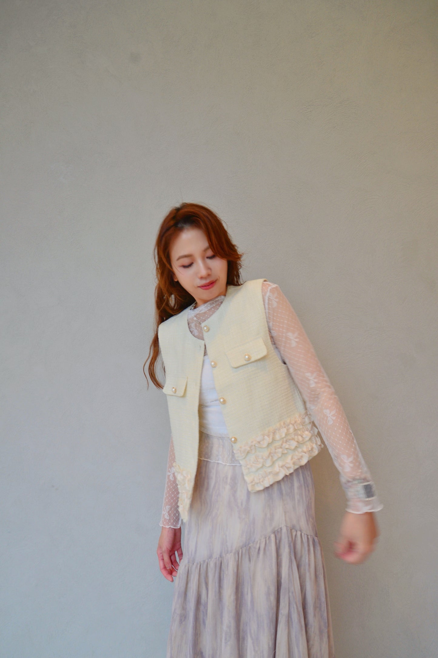 Tweed Ruffles Trim Sleeveless Jacket