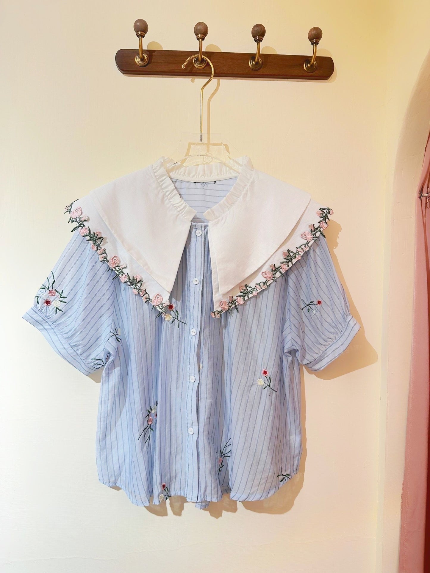 復古風・重工小碎花刺繡海軍領條紋薄襯衫
