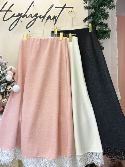 蕾絲衛衣抓毛底針織長裙