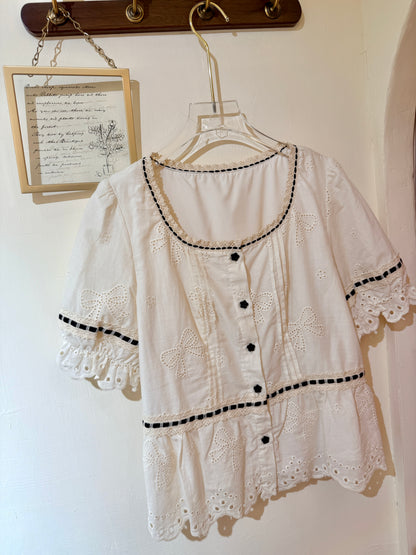 森之呼吸・蝴蝶結刺繡棉麻TOP