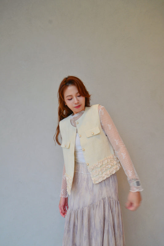 Tweed Ruffles Trim Sleeveless Jacket