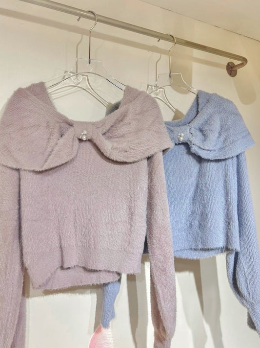 水貂毛感蝴蝶結小斗篷針織 Top