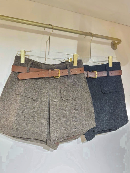 英倫風混色喱絨短裙褲（送皮帶)