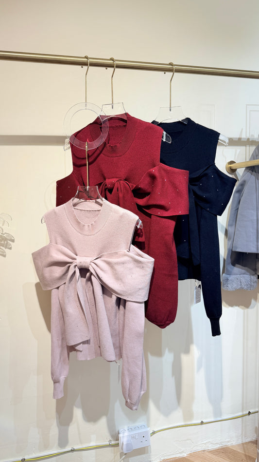 蝴蝶結閃石羅紋針織Top