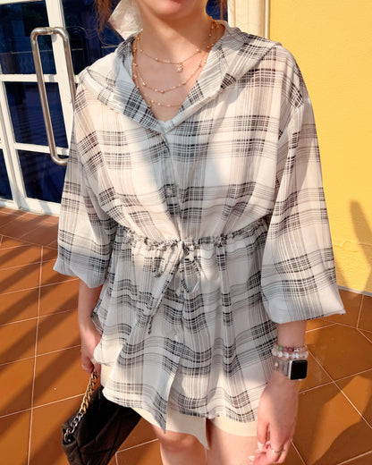 微光漫步透膚格紋繫帶有帽SHIRT TOP