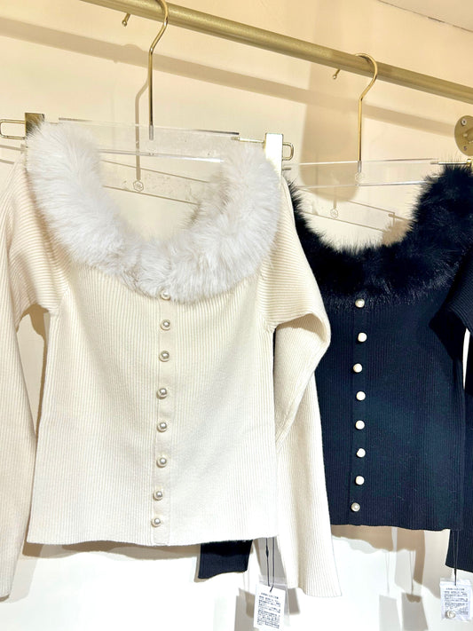 毛毛領羅紋針織Top