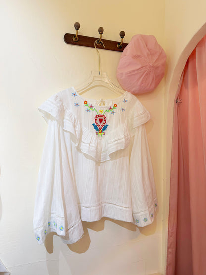 法式浪漫仙女・重工民族風彩色刺繡荷葉領提花襯衫