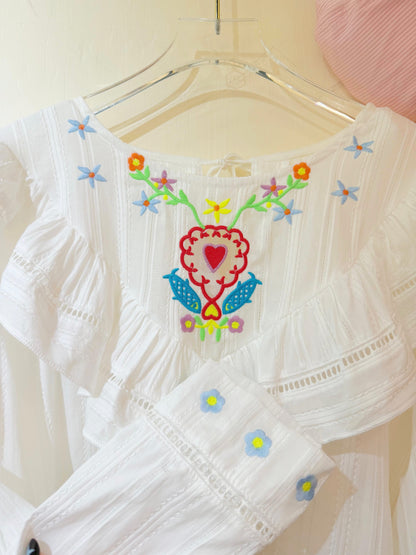 法式浪漫仙女・重工民族風彩色刺繡荷葉領提花襯衫