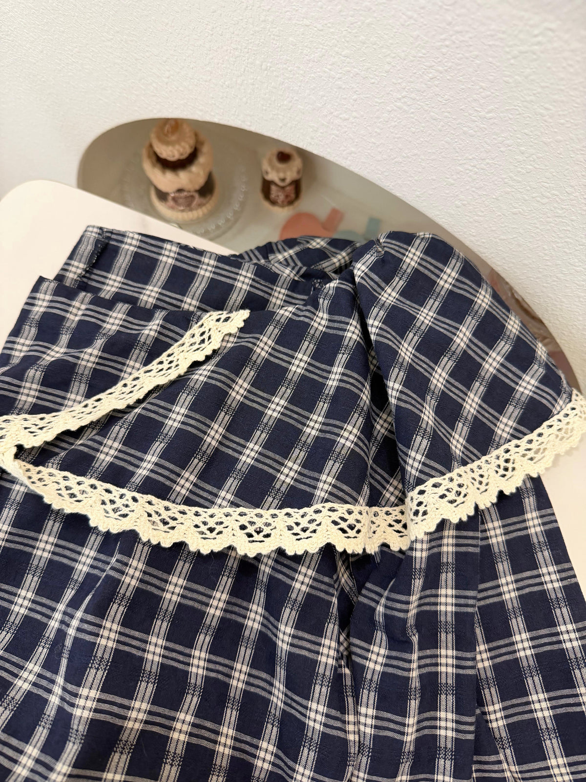 韓系甜酷歐膩・蕾絲花邊立體抓褶格紋襯衫
